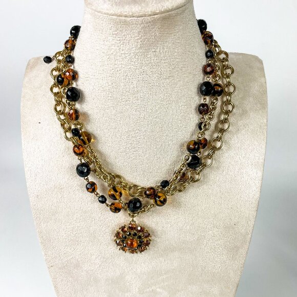 Graziano 3 strand Amber Tortoise Shell Beaded Necklace Rhinestone Pendant - Picture 5 of 6